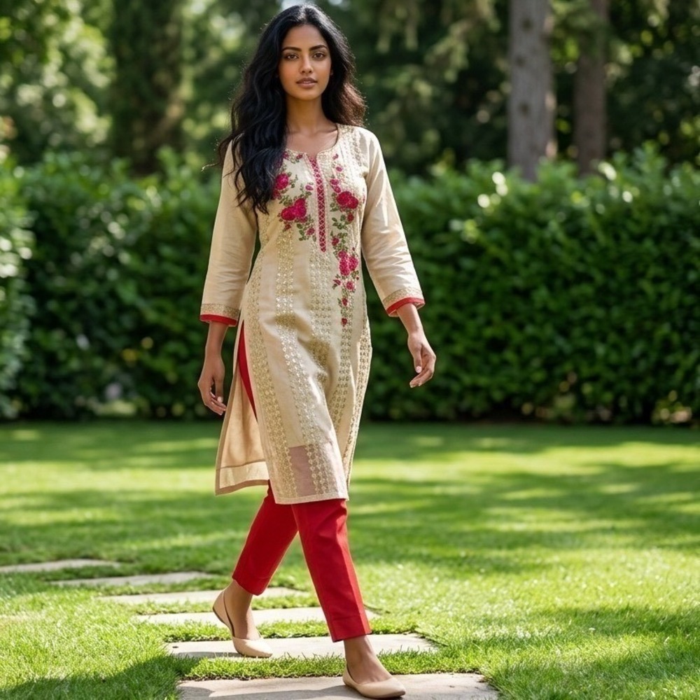 Womens Salwar Kameez Suit Embroidered Floral Tunic Trousers Cream Red 2 Pieces